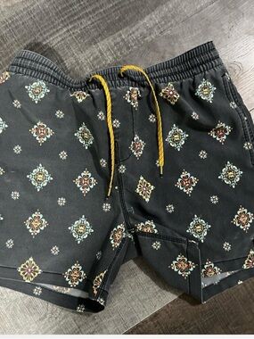 Black Patterned Swim Shorts with Yellow Drawstring
